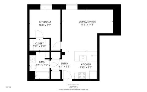 Floor plan for 1 bed, 1 bath, 635 sqft